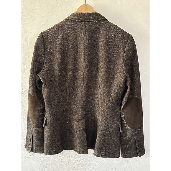Vintage Herringbone Blazer Brown Elbow Patches Sz 6 Equestrian Dark Academia - Picture 2 of 8